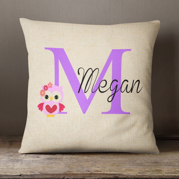 Luxury Personalised Cushion - Inner Pad Included - Initial & Owl